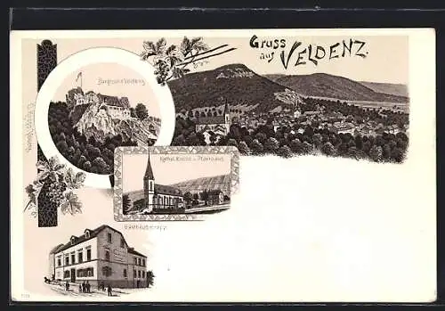 Lithographie Veldenz, Gasthaus Kropp, Burgruine, Kathol. Kirche