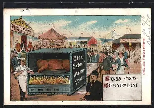 Lithographie Mainz a. Rhein, I. Deutsches Volkstrachten-Fest 1914, Ochsenbraterei Otto Schott