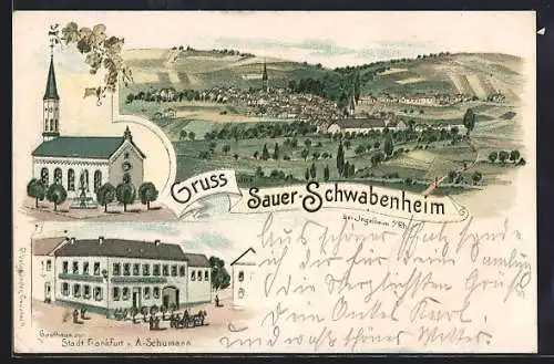 Lithographie Sauer-Schwabenheim, Gasthaus zur Stadt Frankfurt v. A. Schumann, Kirche, Ortsansicht