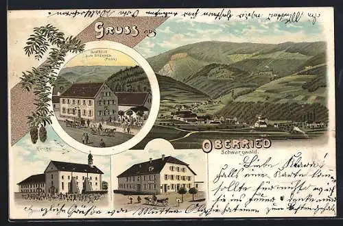 Lithographie Oberried / Breisgau, Gasthaus zum Sternen, Kirche, Totalansicht aus der Ferne
