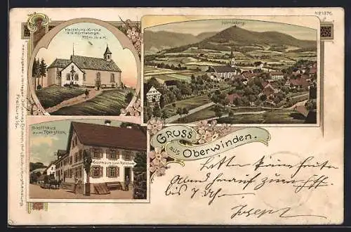 Lithographie Oberwinden, Gasthaus zum Rebstock, Wallfahrts-Kirche, Ortsansicht