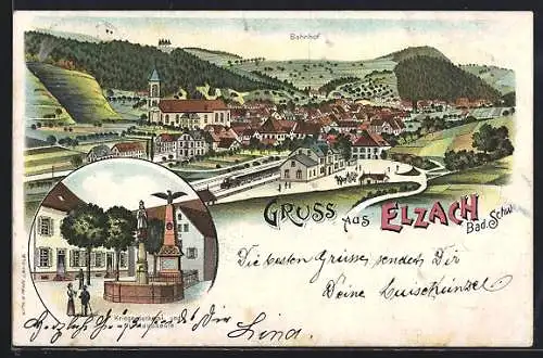 Lithographie Elzach /Bad. Schw., Bahnhof, Kriegerdenkmal und Nikolaussäule, Ortsansicht