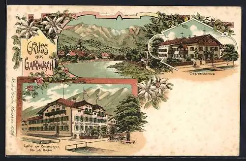 Lithographie Garmisch, Gasthof zum Kainzenfranz, Bes. Joh. Bader, Dependance, Ortsansicht