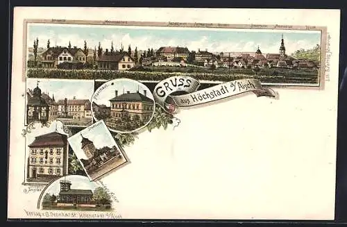 Lithographie Höchstadt a. Aisch, Scheidels Keller, Josephs-Anstalt, Pfarrhaus, Stadtturm