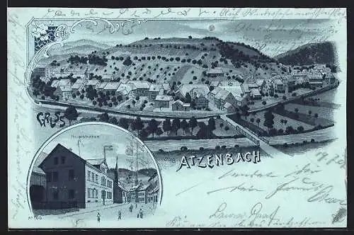 Mondschein-Lithographie Atzenbach, Gasthaus zum Schützen, Ortsansicht aus der Vogelschau