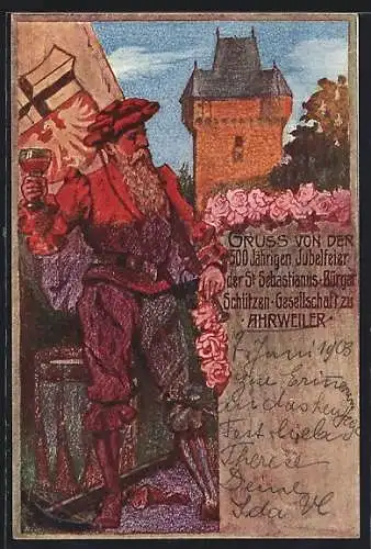 Lithographie Ahrweiler, 500 jährige Jubelfeier der St. Sebastianus-Berger Schützen-Gesellschaft, Turm und Schütze