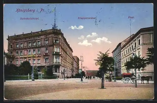 AK Königsberg i. Pr., Bahnhofshotel, Klapperwiese & Post