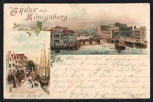 Lithographie Königsberg, Ortsansicht mit der Börse und am Preget