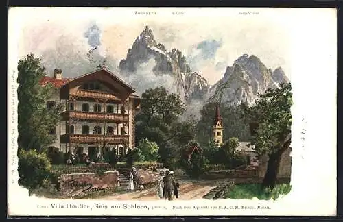 Künstler-AK Seis am Schlern, Villa Heufler gegen Santnerspitze