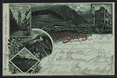 Mondschein-Lithographie Sterzing /Brennerbahn, Strasse mit Uhrturm, Schloss Reifenstein, Rathaus