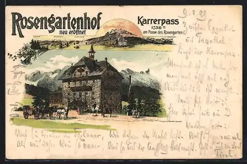 Lithographie Karerpass, Hotel Rosengartenhof am Fusse des Rosengarten