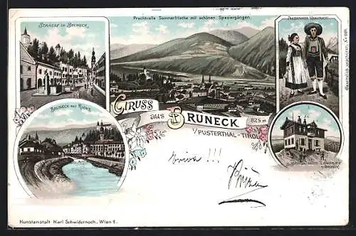 Lithographie Bruneck im Pustertal, Strassenansicht, Bruneckerhütte a. d. Kronplatz, Paar in Pustertaler Volkstracht
