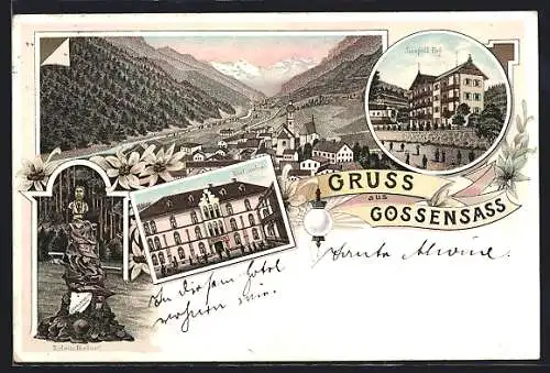 Lithographie Gossensass, Hotel Gröbner, Redwitz Denkmal, Hotel Leopoldhof