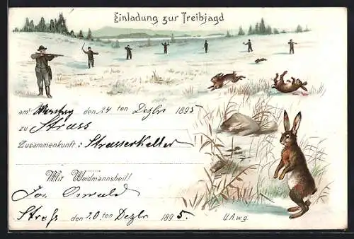 Lithographie Jagdeinladung, Jäger schiessen Hasen im Schnee