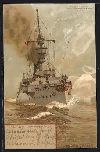 Künstler-Lithographie Raoul Frank: Deutschlands Seewehr, SMS Aegir, Küsten-Panzerschiff der Odin-Klasse