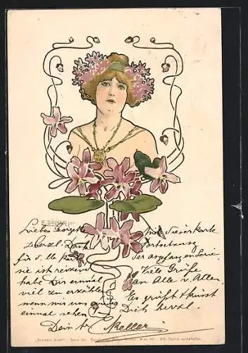 Künstler-AK E. Döcker: Schöne Frau mit Blumen im Haar und Goldschmuck, Jugendstil