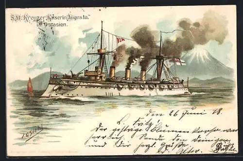 Künstler-AK Johann Georg Siehl-Freystett: Kreuzer SMS Kaiserin Augusta vom Ostasiengeschwader