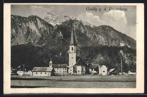 AK Grödig, Ortsansicht mit Kirche gegen den Untersberg
