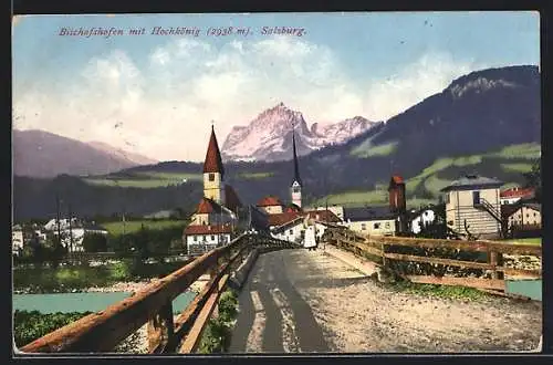 AK Bischofshofen, Uferpartie mit Brücke und Hochkönig