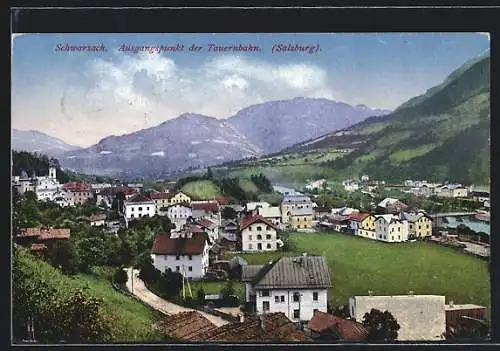 AK Schwarzach, Ortsansicht mit Kirche, Ausgangspunkt der Tauernbahn