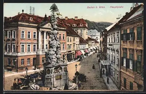 AK Baden, Hauptplatz vom Denkmal, mit Blick in die Ladenstrasse