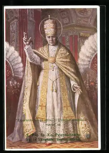 AK Papst Pius X., Arazzo dalla loggia esterna della Basilica Vaticana, Esperanto