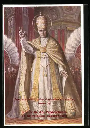 AK Papst Pius X., Arazzo dalla loggia esterna della Basilica Vaticana, Esperanto
