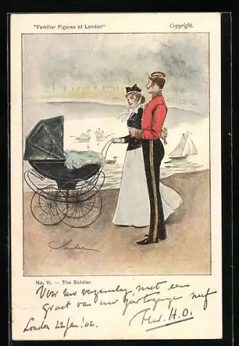 Künstler-AK Familiar Figures of London, The Soldier, Soldat und Kindermädchen
