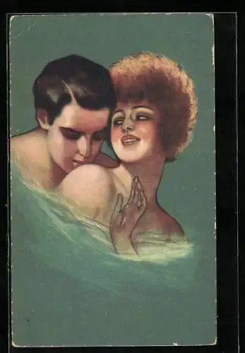 AK Mann küsst seine Geliebte auf die Schulter, Art Deco