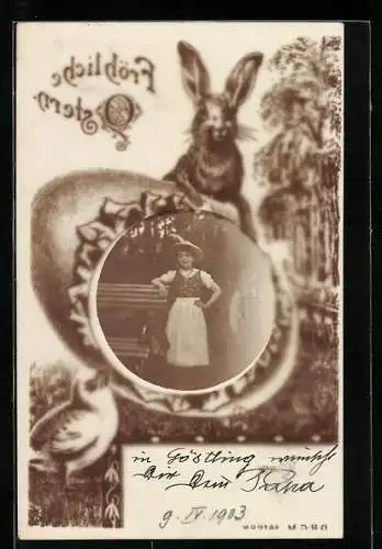 Foto-AK Mädchen in Tracht im Passepartout-Osterei, Osterhase, Fröhliche Ostern (spiegelverkehrt)