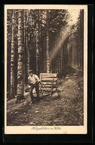 AK Schwarzwald, Holzschlitter bei der Arbeit im Wald