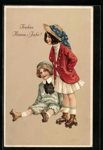 AK Mädchen auf Rollschuhen, Frohes Neues Jahr!