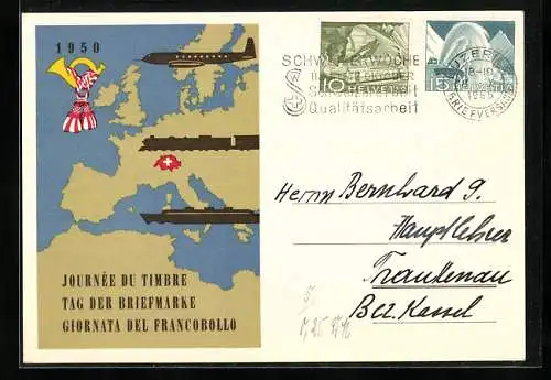 AK Luzern, Tag der Briefmarke 1950, Europakarte und Posthorn, Ausstellung