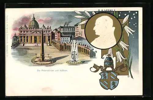 Lithographie Rom, Petersdom mit Petersplatz, Konterfei Papst Leo XIII.