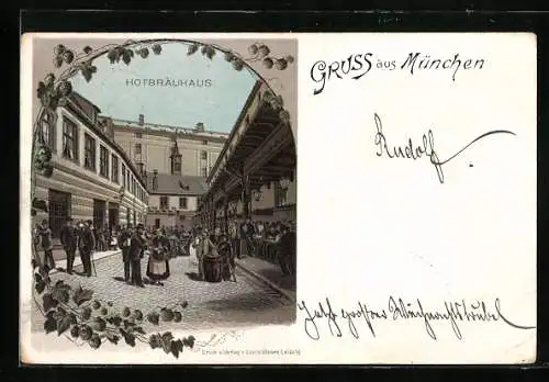 Lithographie Münchner Hofbräuhaus mit Gästen