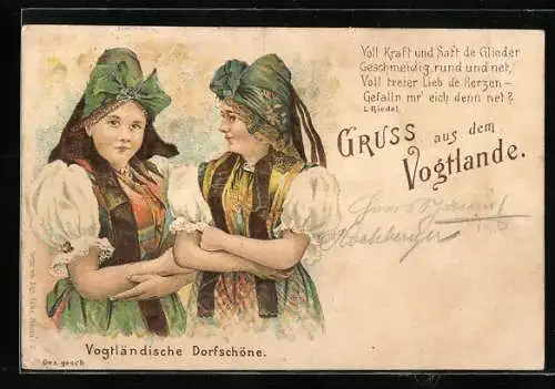 Lithographie Vogtländische Dorfschönheiten in Tracht