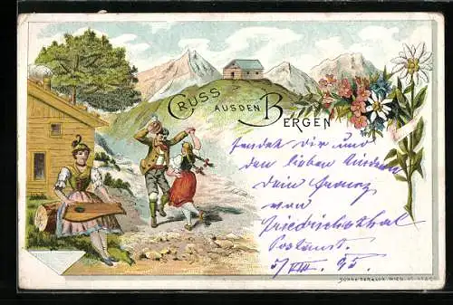 Vorläufer-Lithographie Paar in Tracht beim Volkstanz, 1895, Gruss aus den Bergen