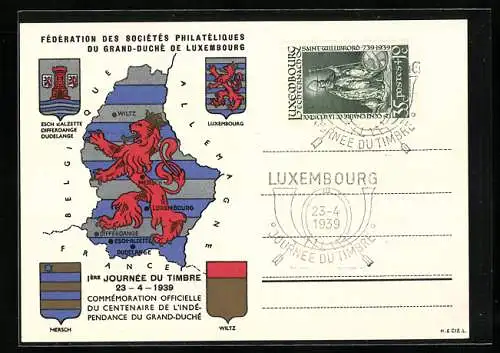 AK Luxembourg, Journéee du Timbre 1939, Landkarte und Wappen, Ausstellung