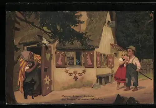 Künstler-AK Paul Hey: Hänsel und Gretel treffen auf die böse Hexe in ihrem Lebkuchenhaus, Märchen der Gebrüder Grimm