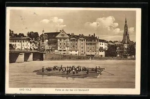 AK Bad Tölz, Flösser unterwegs auf der Isar, im Hintergrund Marienstift, Forstwirtschaft