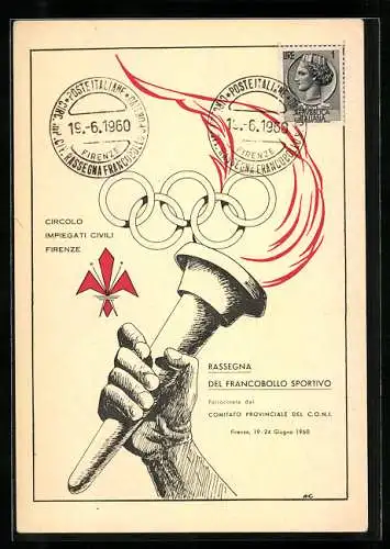 AK Firenze, Rassegna del Francobollo Sportivo 1960, Hand hält eine Fackel, Olympia