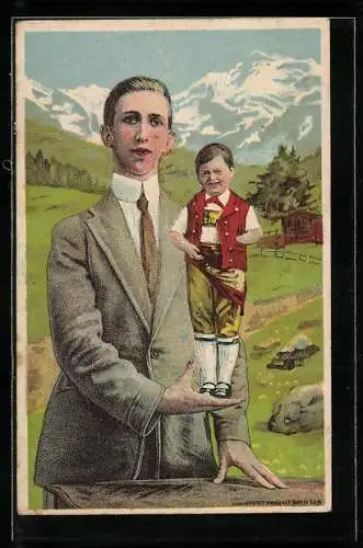 Lithographie Appenzell, Seppetoni in Tracht, der kleinste Mann der Welt