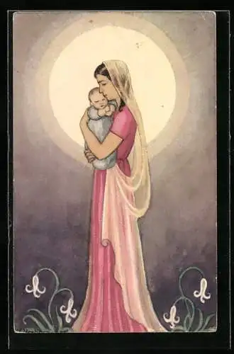 AK Mutter hält ihr Kind im Arm, Art Deco