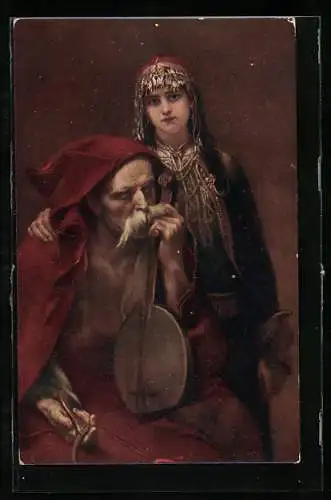 Künstler-AK Blinder Geiger, Mädchen in Tracht