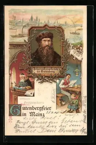 Lithographie Mainz, Johann Gensfleisch zu Gutenberg, Portrait, Vater liest Zeitung in der Küche um 1900