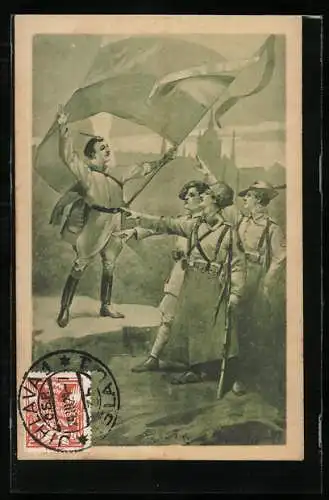 AK Menschen blicken zum Mann mit der grossen Fahne, Sokol