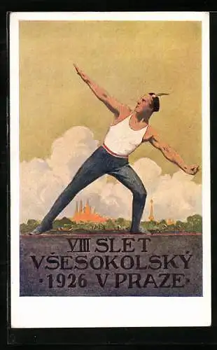 Künstler-AK Praze, VIII. Slet Vsesokolský 1926, Sportler steht am Stadtrand
