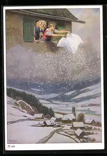 Künstler-AK Paul Hey: Frau Holle und Mädchen lassen es schneien, Weihnachtsgruss