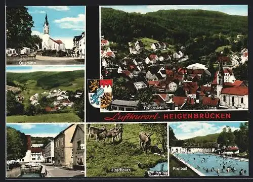 AK Heigenbrücken /Spessart, Gesamtansicht, Ortsmitte mit Kirche, Freibad und Hirschpark