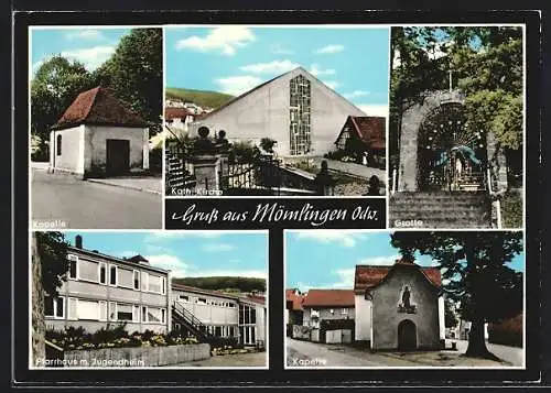 AK Mömlingen /Odw., Katholische Kirche, Kapelle, Grotte und Pfarrhaus mit Jugendheim
